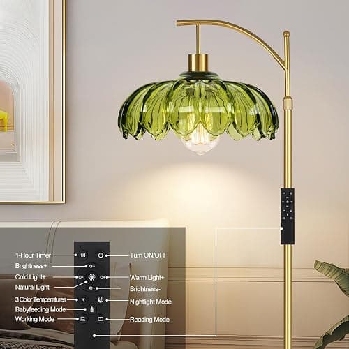 Gold Floor Lamps for Living Room Glass Vintage Floor Lamp with Remote Control,Dimmable Mid Century Modern Standing Lamp with 3 Color Temperature Tall Flower Lamp Brass Floor lamp for Bedroom Corner thumbnail 5