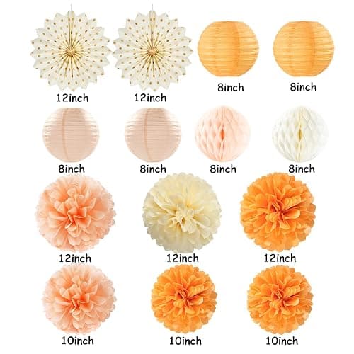 Beige-Orange Peach Fall Party-Decorations Paper-Lanterns- 14pcs Autumn Thanksgiving Harvest Birthday Boho Streamers Fan,Tissue Pom Poms, Baby Bridal Shower Wedding Engagement Decor Lasting Surprise thumbnail 3
