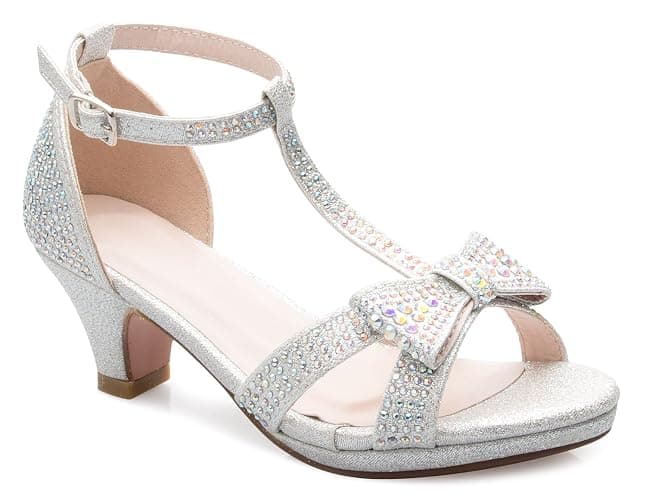 Olivia K Girl's Glitter Leatherette Open Toe Strappy Ankle T Strap Kitten Heel Sandal (Toddler/Little Girl) - Image 1
