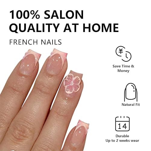 24pcs Short Square False Acrylic Press On Nails Reusable 3D Embossed French Tip Design with Cute Flowers (Pink-631) thumbnail 2
