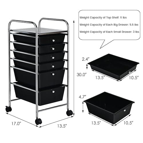 COSTWAY 6-Drawer Rolling Storage Cart, Multifunctional Art Craft Tools Organizer on Wheels, Heavy Duty Utility Mobile Storage Trolley w/ 2 Lockable Wheels for Home Office School (Black) thumbnail 3