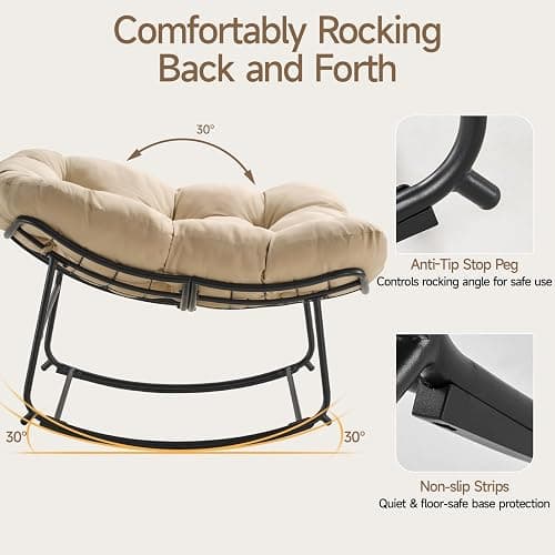 ONBRILL Papasan Rocking Chair with Cushion, Oversized Patio Lounge Rocker, Egg Chair Outdoor Indoor, for Living Room, Porch, Patio, Garden, Beige thumbnail 7