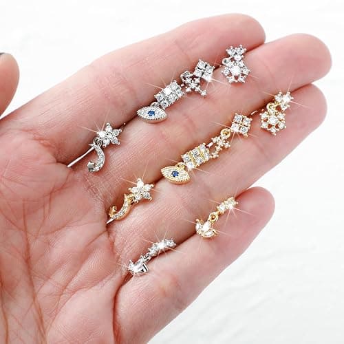 Misdary 10 Pcs 20g Dangle Nose Rings Hoops Dangling Nose Piercing Jewelry Evil Eye Star Moon Cross Cute Rings Cartilage Earring for Women thumbnail 4