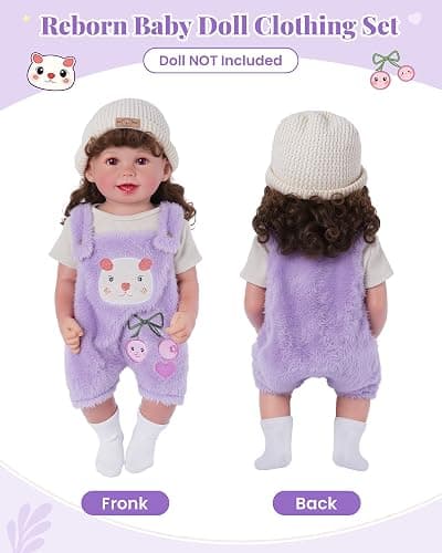 BABESIDE 4-Piece Baby Doll Clothes for 17-20 Inch Dolls, Purple Bear Outfit | Purple Bear Doll Outfit with Striped Top, Overalls, Bear-Ear Hat and Socks for Dress-Up and Pretend Play thumbnail 4
