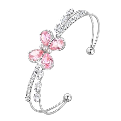 Ydou Butterfly Adjustable Bracelet with Pink Birthstone Sillver/18K Gold Plated Open Cuff Bangle Jewelry for Women CB0013 - Image 1