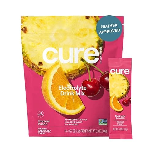 Cure Hydration | Plant-Based Electrolyte Drink Mix | No Added Sugar | FSA-HSA | Dehydration Relief Powder Made with Coconut Water | Non-GMO | Vegan | Pouch of 14 Packets - Tropical Punch - Image 1
