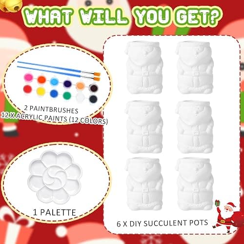 Pasimy 6 Set DIY Ceramic Succulent Planter Pots Paint Your Own Flower Pots Craft Kit Unpainted Bisque Paintable Flowerpot with Brush Palette Ready to Paint for Family Activity Gift(Santa) thumbnail 3