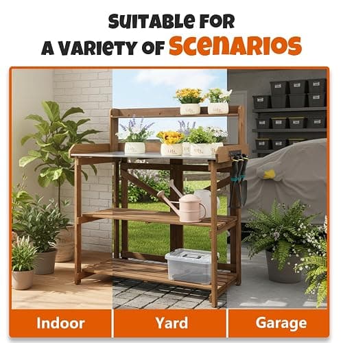 Outdoor Potting Bench Table, Indoor Wooden Work Station with Metal Table Top, Metal Hooks, Large Shelves, Heavy-Duty Gardening Workbench for Garden, Backyard, Patio, BBQ Prep Station, Easy Assembly thumbnail 7