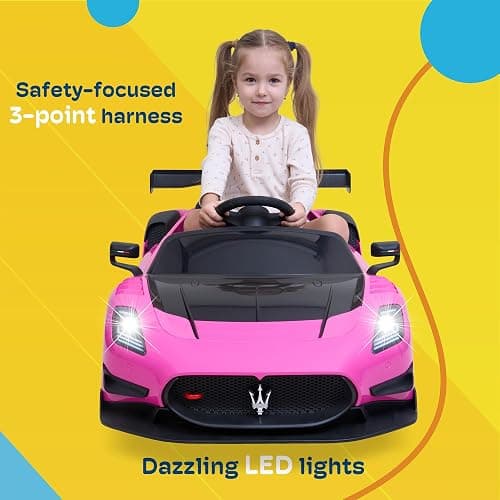 Kidzone 12V Ride On Car for Kids,Licensed Maserati GT2 Electric Battery Powered Sports Car Toy w/Remote Control & Manual Drive, LED Lights, Bluetooth & USB & AUX Port - Pink thumbnail 4