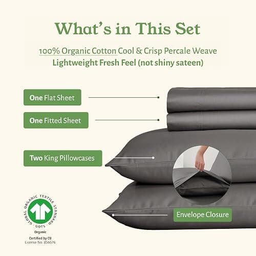 California Design Den King Bed Sheets Set - Soft 100% Organic Cotton Sheets with Deep Pockets, Crisp Percale, Breathable and Durable Bedding Set - Grey thumbnail 4