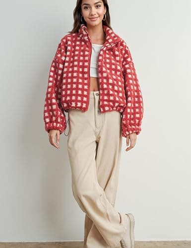 Esmeling Women’s Long Sleeve Cropped Sherpa Fleece Plaid Jacket Casual Chunky Teddy Fleece Outerwear thumbnail 6