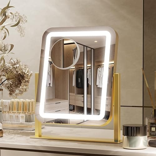 PRIMETEK Vanity Mirror with Lights, 16"x14" Large LED Lighted Makeup Mirror, Hollywood Makeup Mirror, Touch Screen, 3-Color Lighting, 5X Magnification, for Vanity Desk Tabletop, Bedroom, Gold - Image 1