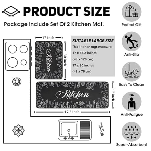 2 PCS Kitchen Rugs and Mats Non Skid Washable Black Kitchen Mat Soft Super Absorbent Anti Fatigue Kitchen Mat Runner Set Doormat Bathroom 17"x47"+17"x30" - One Size - Color-3 thumbnail 5