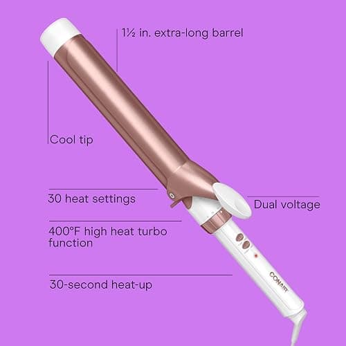 Conair Double Ceramic Curling Iron, 1 1/2" Extra-Long Barrel Hair Curling Iron, 30 Heat Settings, Turbo Heat, Auto Off, Cool Tip, Dual Voltage, Rose Gold thumbnail 2
