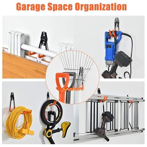 AOBEN 24PCS Garage Hooks, Heavy Duty Double Garage Hanger Organizer Wall Mount Iron Anti-Slip Garage Storage Hooks for Ladder, Power Tool,Bike,Ropes（23 Hooks & 1 hoder Strap-Orange thumbnail 3