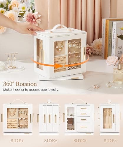 Homde Christmas Gifts Jewelry Box 360° Rotating, Necklace Earring Organizer with Transparent Window, Mirror, 7 Drawers, Large Ring Display Storage Case for Girls Women (White) thumbnail 4