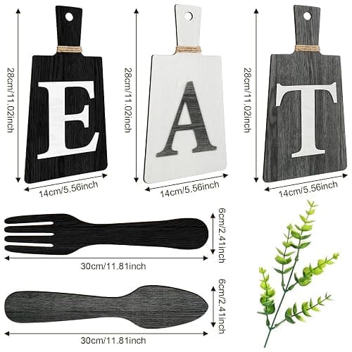 Jetec Cutting Board Eat Sign Set Hanging Art Kitchen Eat Sign Fork and Spoon Wall Decor Rustic Primitive Country Farmhouse Kitchen Decor for Home Decoration(Black, White, Gray) thumbnail 3