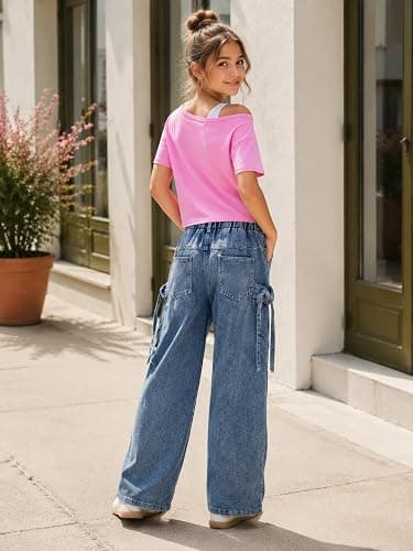 Kxuryueo Teen Girl Clothes One Shoulder Top and Wide Leg Stretch Jeans 2 Piece Casual Outfits Size 7-16 thumbnail 5