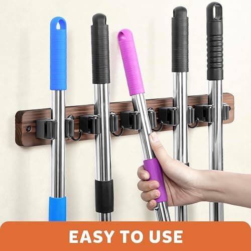 IMILLET Broom Holder Wall Mount, Rustic Wood Broom Hanger with 5 Racks and 4 Hooks, Laundry Room Organization and Storage, Mop Holder for Home Decor, Garden, Garage, Kitchen, Closet thumbnail 5