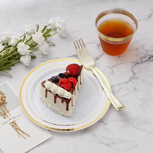 BESTVIP 150PCS Plastic Dinnerware Set (25 Guests), Gold Disposable Plates for Party, Wedding, Christmas, Anniversary, Includes: Dinner Plates, Dessert Plates, Cups, Spoons, Forks and Knives thumbnail 4