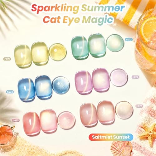 Beetles Summer Voyage Cat Eye Gel Nail Polish Set - 9ML 6 Colors Saltmist Sunset Summer Cat Eye Gel Nail Polish Kit Yellow Blue Green Pink Purple Soak Off UV Salon DIY at Home Manicure Gift for Women thumbnail 3