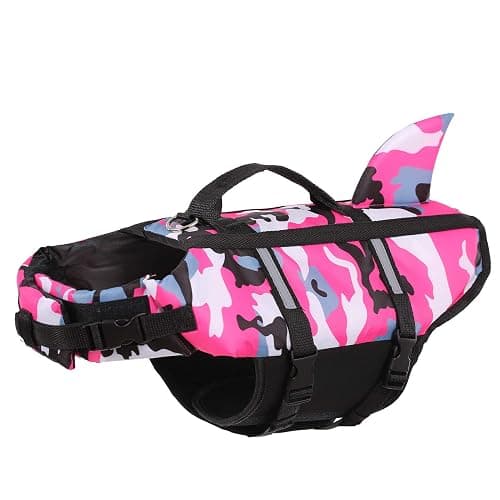 Queenmore Dog Life Jacket Pet Safety Vest High Buoyancy Camouflage Color Cute Shark with Strong Rescue Handle and Leash Ring for Boating, Canoeing, Surfing, Hunting thumbnail 2