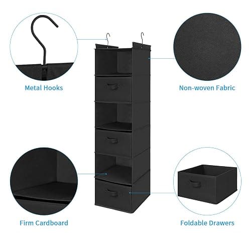 MAX Houser 6 Tier Foldable Hanging Closet Organizer with Hooks, Black-D3 | foldable lightweight fabric closet storage with 3 Drawers, space-saving design for Bedroom, Closet Hanging Shelf for Storage thumbnail 9