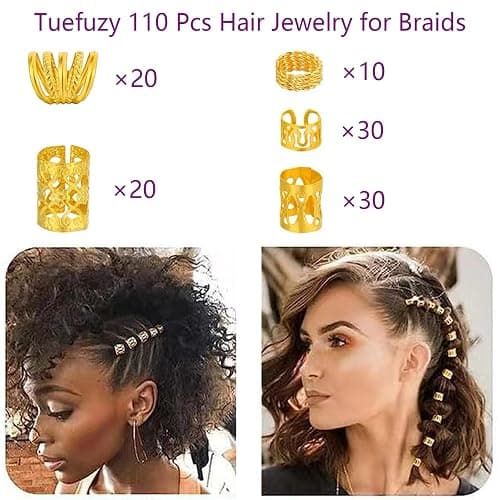 Tuefuzy 110 Pcs Gold Hair Jewelry for Braids and Dreadlocks - Metal Rings, Cuffs, Clips Accessory Decorations - Golden Yellow thumbnail 2