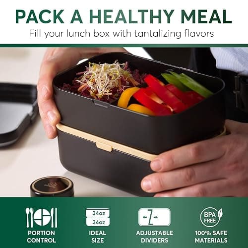 Umami Bento Box Adult All-In-1 w/4 Utensils, 2 Sauce Jars 2 Dividers, Bamboo Lid, 100% Leakproof, Microwave & Dishwasher Safe Stackable Bento Lunch Box Containers for Men/Women, Black Beige, 68 oz thumbnail 2