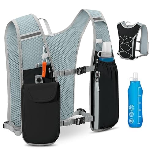 RAINSMORE Running Hydration Vest with 500ml Soft Flask, Waterproof Phone Pocket, Lightweight Hydration Pack, Adjustable No-Bounce Straps for Trail Running, Marathon, Cycling - Black
