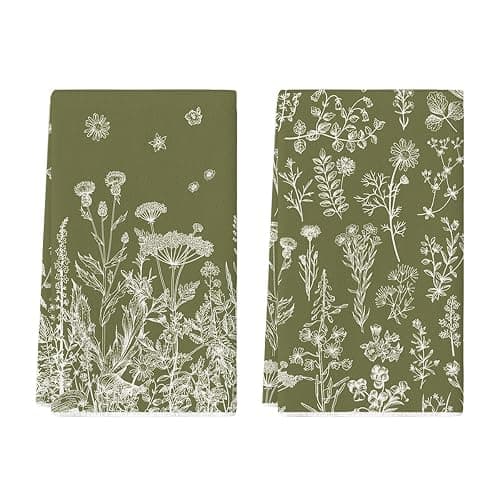 Artoid Mode Green Antique Herbs Wild Flowers Leaves Spring Kitchen Towels Dish Towels, 18x26 Inch Seasonal Decoration Hand Towels Set of 2 - Image 1