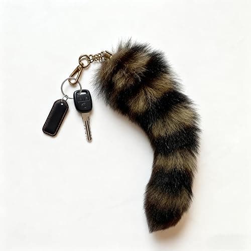 SDYHTS Fluffy Raccoon Tail Keychain - Realistic Faux Fur Key Ring, 11 Inch Soft Therian Accessory for Cosplay, Renaissance Fairs, Bag Charm & Pet Play Toy thumbnail 3