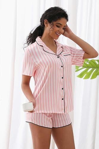 Yoohipuy Women's Pajamas Set Sleepwear with Short Sleeve Top & Elastic Waist Shorts thumbnail 2