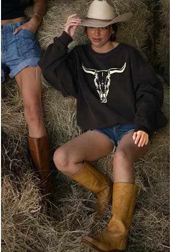 UNIQUEONE Boho Cow Skull Sweatshirt Women Cowgirl Shirt Rodeo Western Country Concert Outfits Nashville Graphic Pullover Tops thumbnail 4