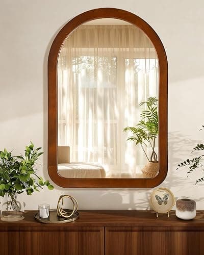 Arched Mirror 24 x 36 Inch,Walnut Brown Wood Rustic Bathroom Wall Mirror | Tempered Glass Hanging Mirror with Wooden Frame,Round corner Arch Farmhouse Vanity Mirror for Living Room,Entryway or Bedroom thumbnail 4