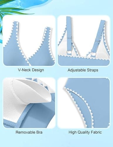 KANGKANG Girls Swimsuit Bikini Set Solid Color V-Neck Two Piece Bathing Suit with Chest Pad Adjustable Straps Swimwear 7-16T - Sky Blue - 9-10 Years thumbnail 6