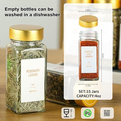 TESUNMU Gold Spice Jars with Label，4oz Seasoning Containers, Glass Spice Bottles with Shaker Lids,Funnel, Chalk Pen for Cabinet，Drawer，Rack(24) thumbnail 3