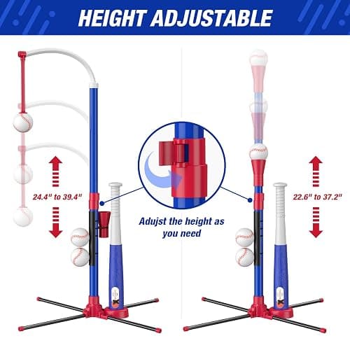 HYES 3-in-1 Baseball Set for Kids 3-5 - Tee Ball Stand, Hanging Tee, Ball Launcher and 6 Softballs - Adjustable Height, Indoor/Outdoor Sport Gifts for Boys Girls, Blue thumbnail 7