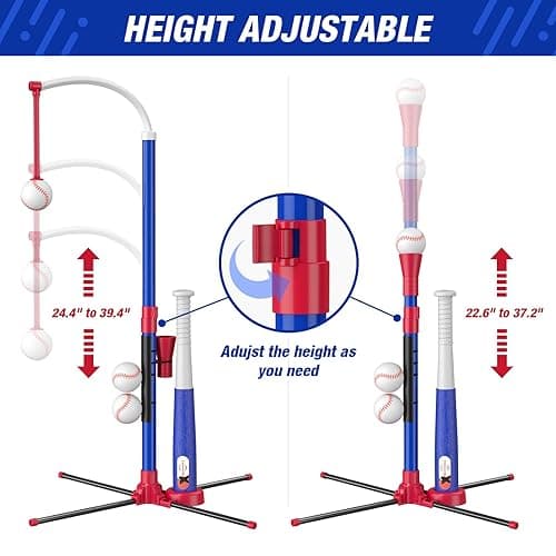 HYES 3-in-1 Baseball Set for Kids 3-5 - Tee Ball Stand, Hanging Tee, Ball Launcher and 6 Softballs - Adjustable Height, Indoor/Outdoor Sport Gifts for Boys, Blue - 3in1-blue thumbnail 7