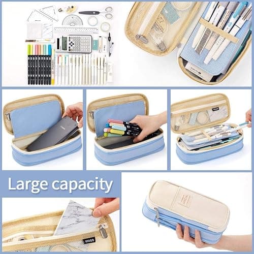 EASTHILL Big Capacity Pencil Pen Case Office College School Large Storage High Capacity Bag Pouch Holder Box Organizer Light Blue thumbnail 4