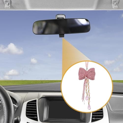 INFINAUTO 1 Pc Rhinestones Diamond Bow Car Rear View Mirror Pendant Accessories Car Hanging Ornament Pink thumbnail 3