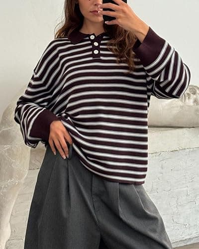 Oversized Striped Sweater for Women Collared Long Sleeve Preppy Polo Sweater Vintage Aesthetic Knitted Rugby Shirts thumbnail 4
