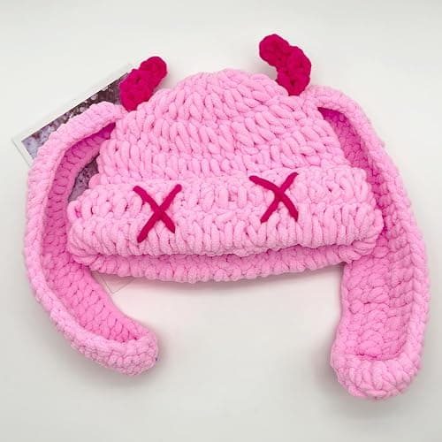 Bunny Chunky Beanie with Devil Horns Cute Chenille Crochet Hat with Long Floppy Ears Pastel Goth Rabbit Winter Skull Cap thumbnail 3