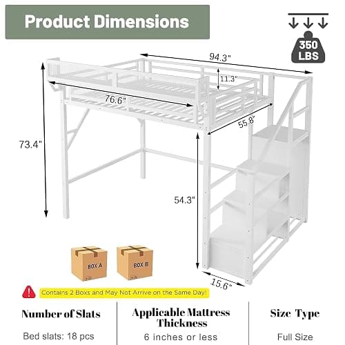 MoproBeti Full Loft Bed with Stairs, Metal Loft Beds Full Size with Storage Shelves, Adults Loft Bed with Wardrobe, Heavy Duty High Loft Bed for Teens, No Box Spring Needed, No Noise,White thumbnail 2
