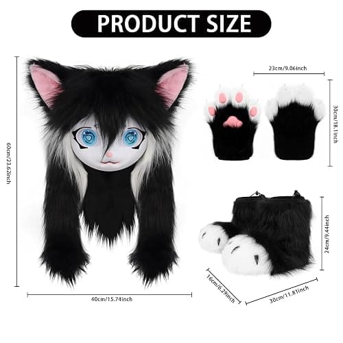 COSYEARS Cat Paw Mittens Gloves Furry Shoes Fursuit Animal Head Mask Halloween Masquerade Costume Accessories Set thumbnail 3