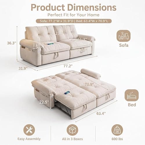 howcool Queen Sleeper Sofa Bed, 77" Pull Out Couch | 3-in-1 Convertible Sofa Bed, Loveseat Sleeper with USB Charging Ports for Living Room, Velvet Fabric, RV-Friendly, Beige thumbnail 2