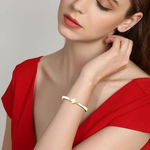 KYJAC 18k Gold Plated Stainless Steel Four Leaf Clover Bracelet for Women - Non-Tarnish, Precision Polished Chunky Oval Bangle in Black, White, Pink, Red Clover Bangle thumbnail 4