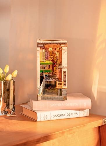 ROBOTIME DIY Book Nook Kit DIY Miniature Dollhouse Booknook Kit 3D Wooden Puzzle with LED Light,Decorative Bookend Bookshelf Insert Decor for Teens and Adults (Sakura Tram) thumbnail 2