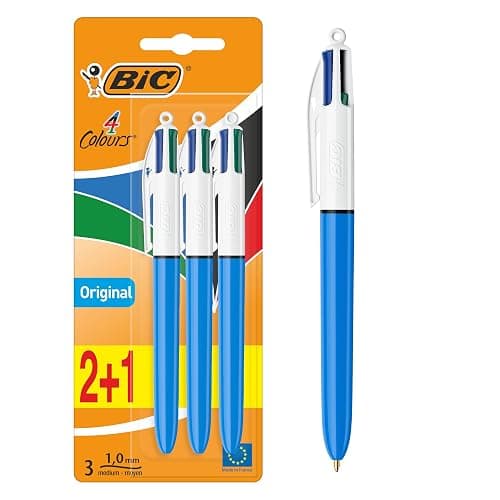 BIC 4 Colours Pens Multicolour Original - Retractable Ballpoint Pens - Pack of 3 - Image 1