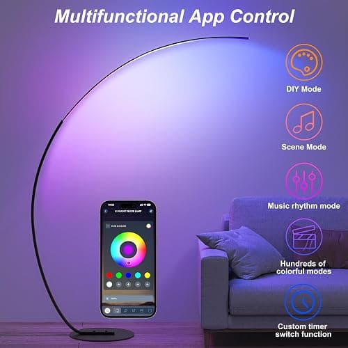 E.P. Light RGBW Modern 69.99 inch Arched Standing Reading Floor Lamp with Remote - Dimmable Black Led Color Changing Curved Ambient Lighting for Bedroom and Living Room thumbnail 2